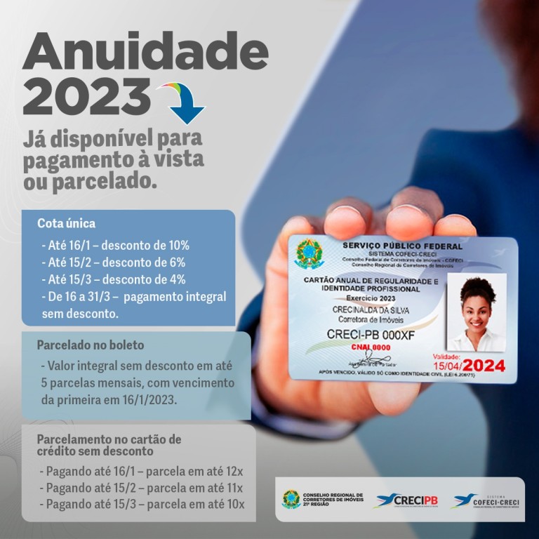 Boleto da anuidade 2023 já está disponível CRECIPB Conselho